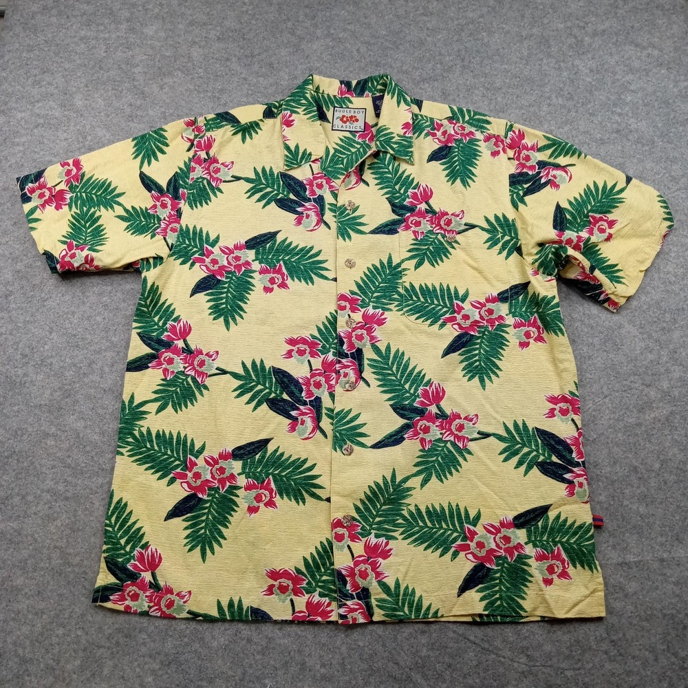 Bugle Boy Shirt Mens Large Yellow Silk Blend Hawaiian Aloha Floral Camp Classics